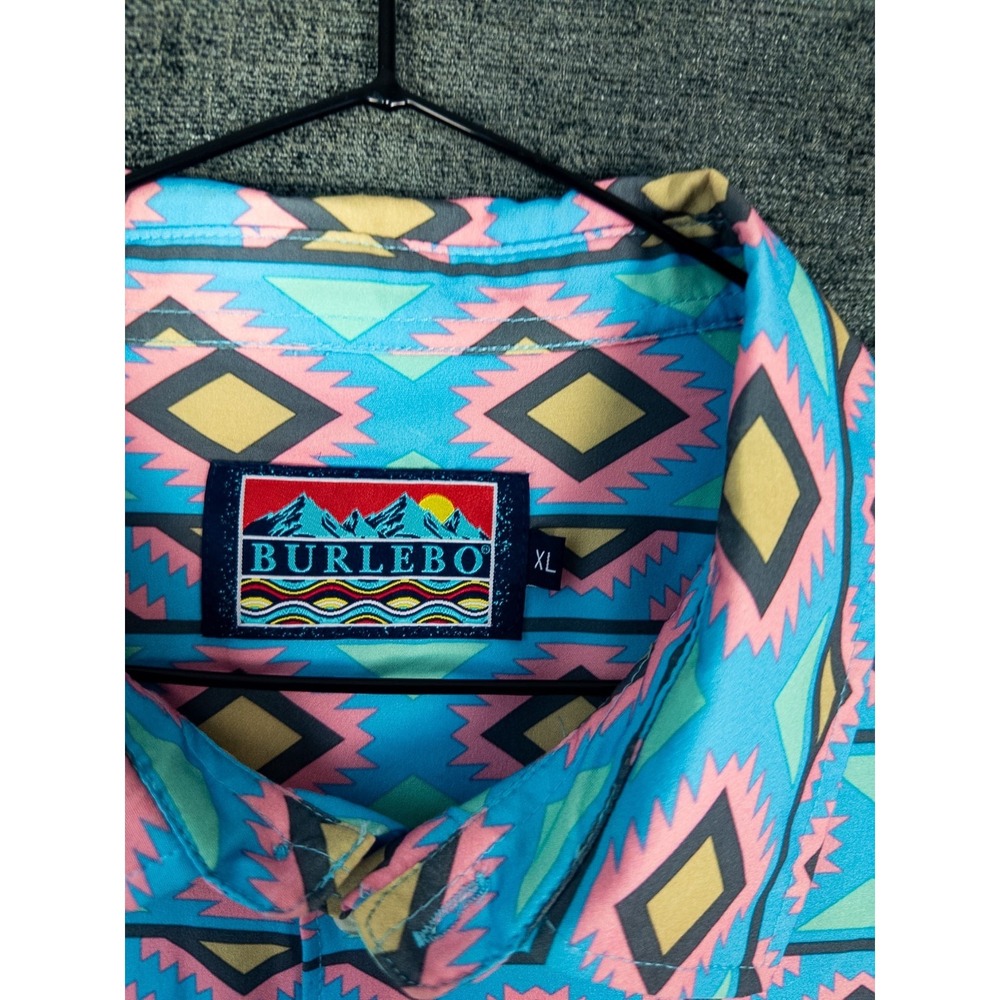 Burlebo Mens XL Aztec Print Button Up Shirt Pink Blue Short Sleeve Western - Picture 3 of 7